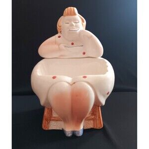 Vintage Ceramic Chubby Lady Sipping Tea  Teabag Scrubber Soap Holder JSNY Taiwan